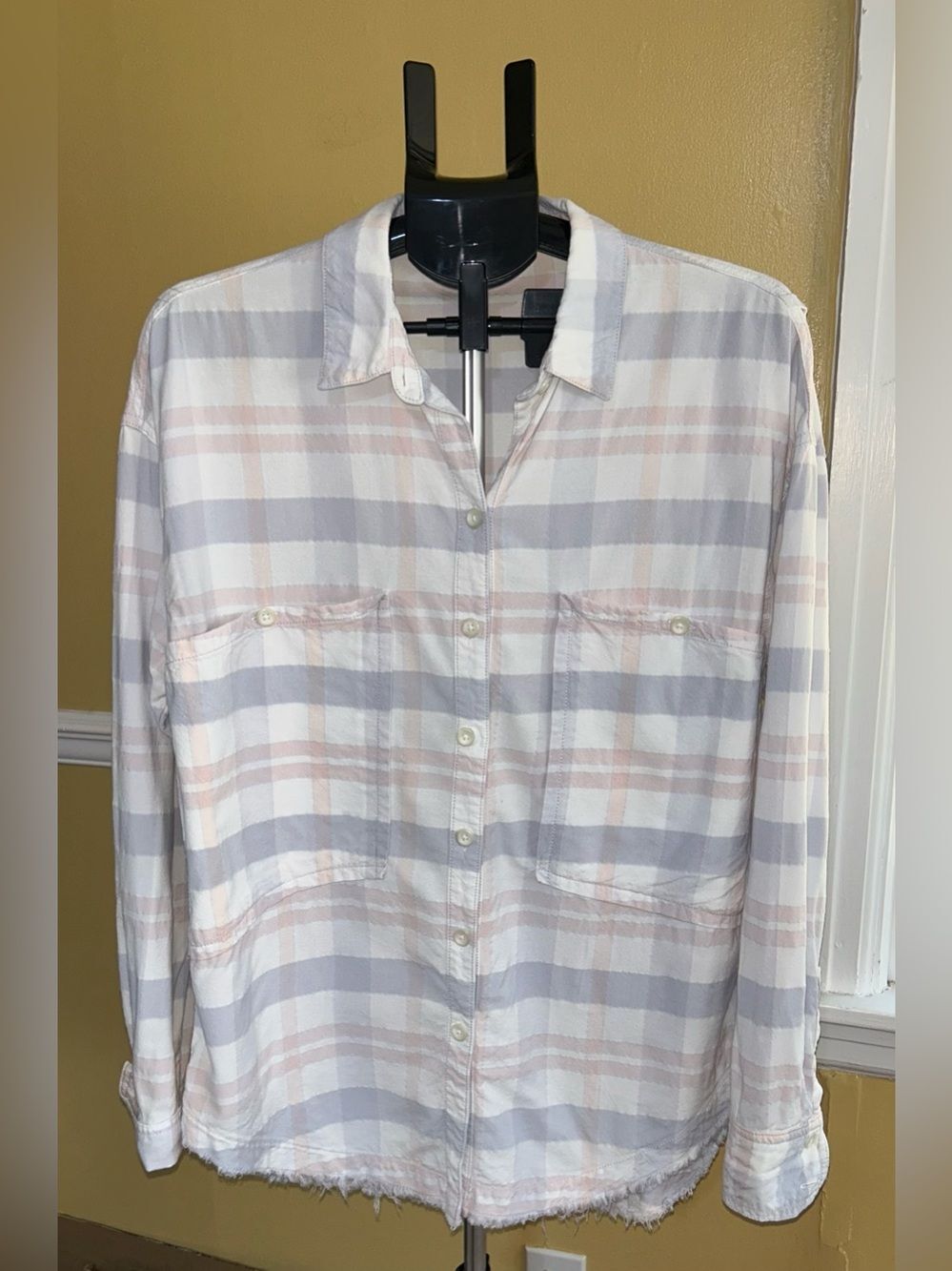 Free People Loveland Plaid Button Down Shirt Top Pink Blue Women’s Med Raw Hem